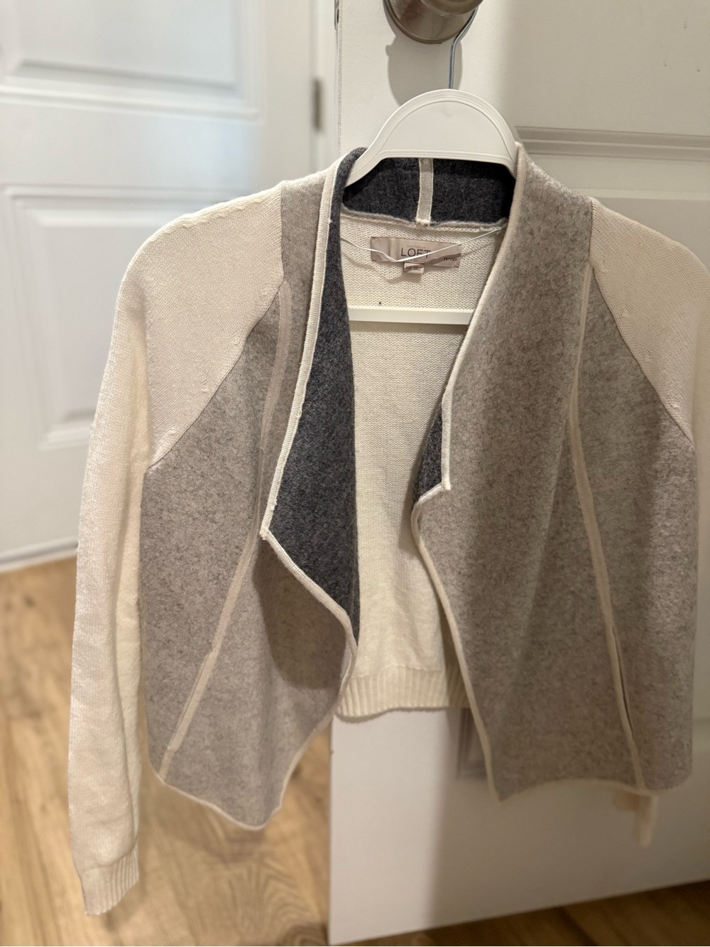 LOFT Cream, Light Gray and Dark Gray Open-Front Colorblock Cardigan